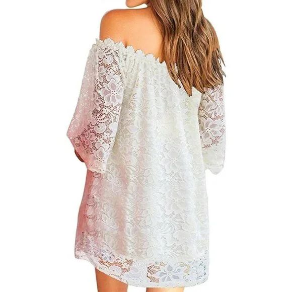 OURS Women's Size S White Lace Off-the-Shoulder Dress Thigh Mini Lined NEW - Picture 2 of 6